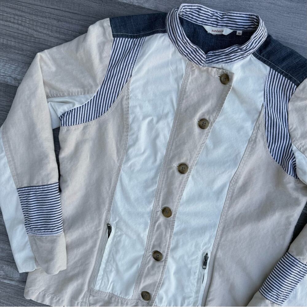 Sundance Button Front Patchwork Jacket Fall Utility Zip Pocket Cream Size 10 - Picture 3 of 14